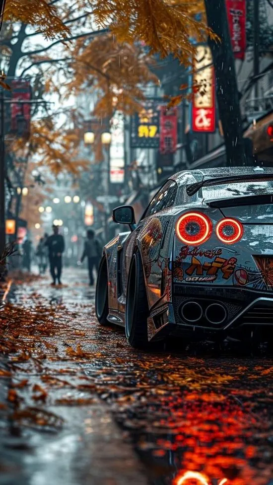Ảnh nền phần đuôi chiếc xe đen nổi bật với hai vòng đèn đỏ giữa phố mưa, biển hiệu dọc và nền phản nước làm hình nền siêu xe cho di động khá ngầu