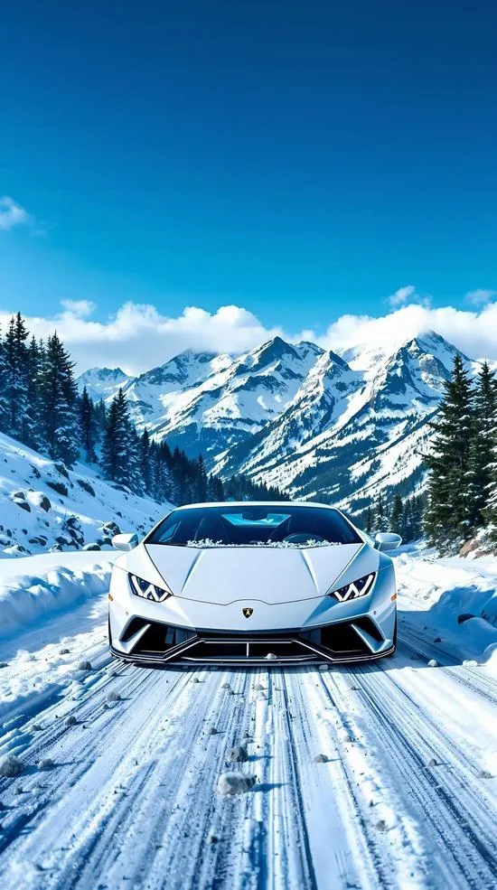 Chiếc Lamborghini trắng lao về phía trước trên đường băng phủ tuyết, dãy núi xanh lạnh phía xa giúp ảnh màn hình ô tô sắc nét mang cảm giác sạch và rất thoáng