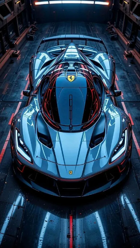 Ảnh wallpaper góc chụp từ trên cao nhìn thẳng mui xe xanh trong khoang sáng xanh đỏ, các dải đèn ôm quanh thân làm ảnh nền ô tô 4K có cảm giác 3D rõ