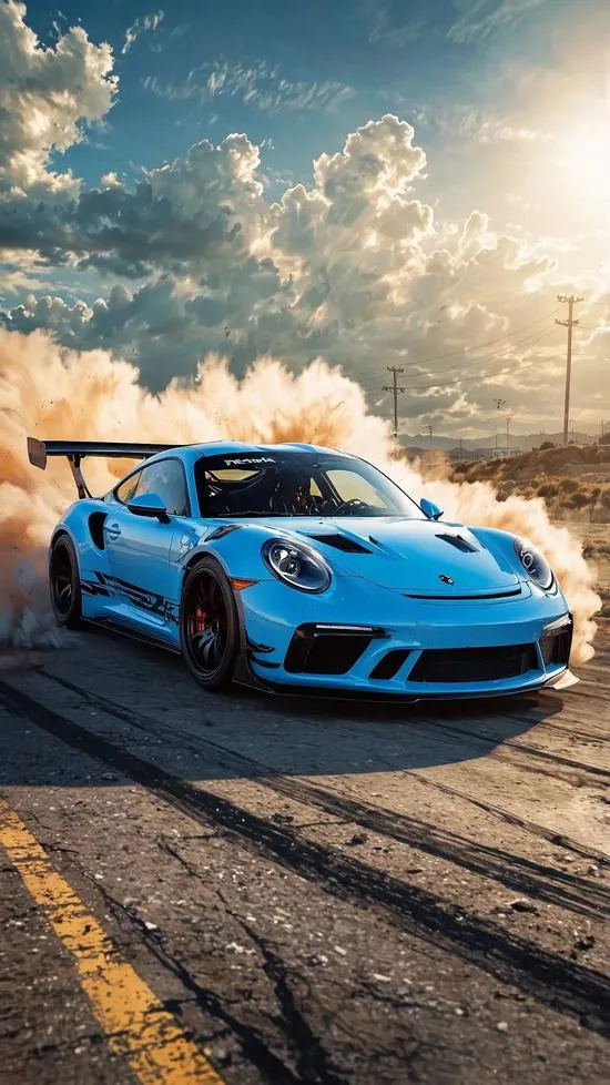 Chiếc Porsche xanh dừng chếch trên mặt đường khô dưới bầu trời nhiều mây sáng, tông màu mát và bóng xe sạch làm ảnh nền xe hơi siêu nét khá dễ dùng