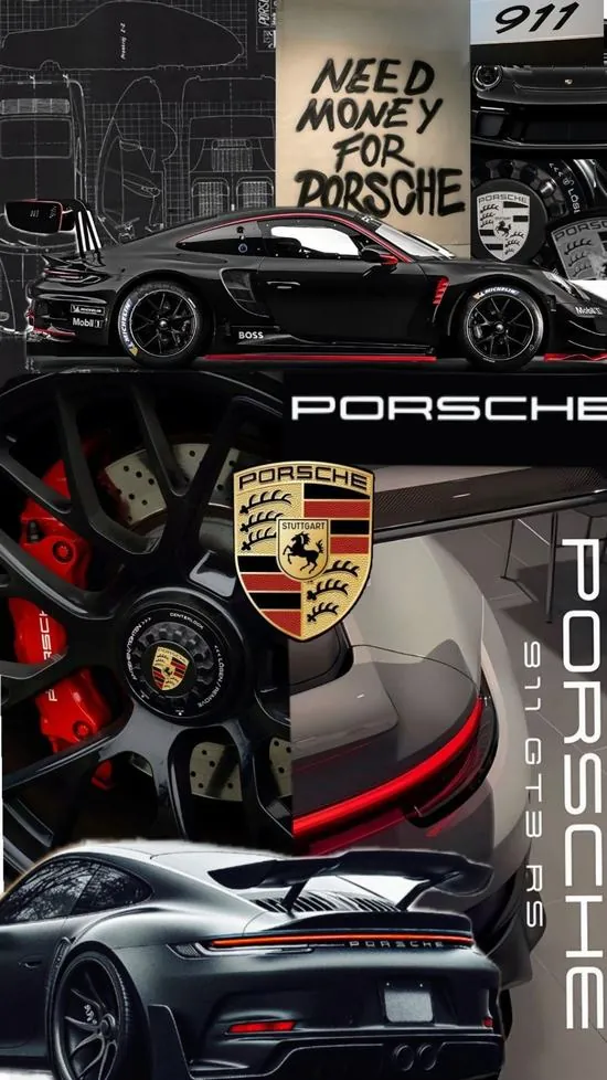 Ảnh nền đt iPhone khung dọc ghép nhiều chi tiết Porsche với nền đen đỏ, từ thân xe đến mâm và logo xếp lớp khiến wallpaper xe cộ HD nhìn dày và mạnh