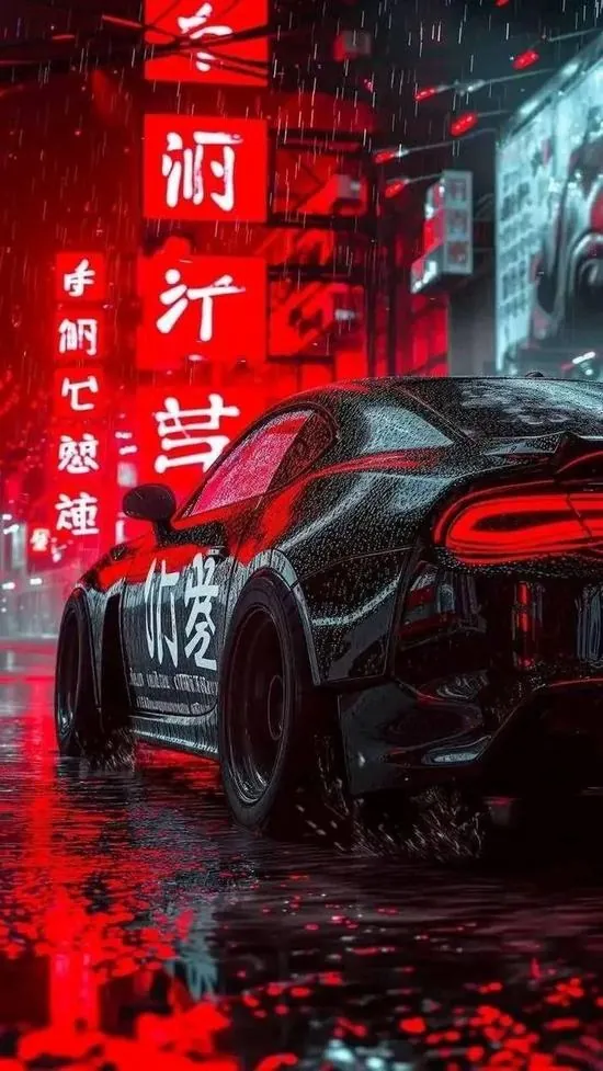 Phần sau chiếc xe đen nổi bật dưới biển hiệu đỏ rực trong phố đêm, mặt đường ướt kéo ánh phản chiếu dài làm ảnh nền oto đẹp rất hợp người thích màu gắt