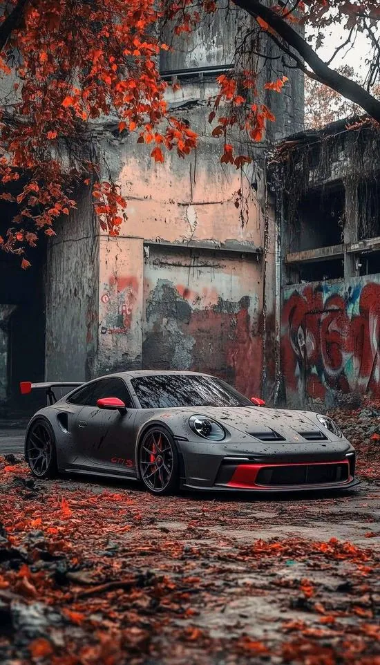 Mẫu xe thể thao xám đỗ thấp trong con hẻm phủ lá đỏ, mặt tiền cũ loang màu phía sau khiến khung dọc này lên chất ảnh màn hình ô tô sắc nét và hơi ngầu