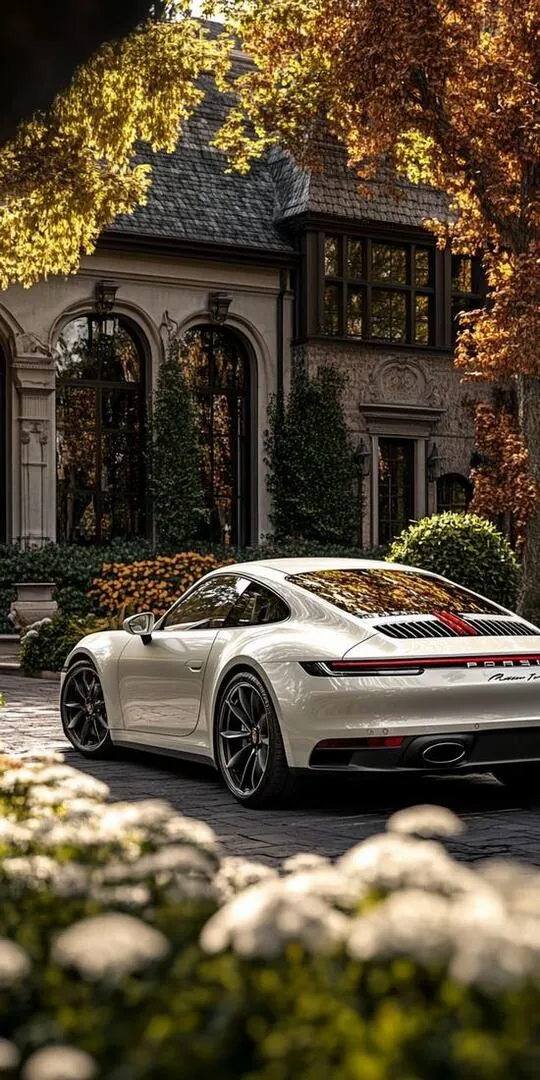 Ảnh nền chiếc xe trắng đậu trước căn biệt thự giữa tán lá vàng, lối đi rải hoa sáng màu làm wallpaper ô tô độ phân giải cao trông sang mà vẫn dịu mắt