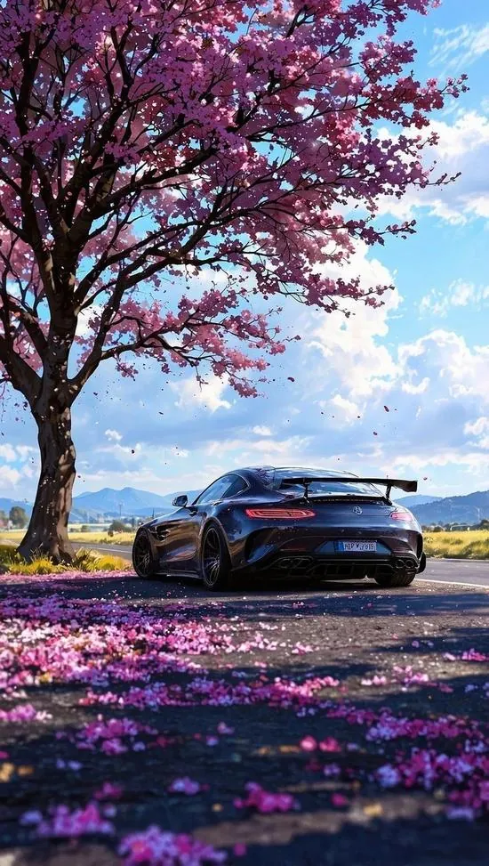 Dưới gốc cây nở hoa tím, chiếc siêu xe tối màu nằm ngang trên thảm cánh rơi, góc nhìn thấp và nền trời xanh giúp hình nền siêu xe cho di động rất cuốn