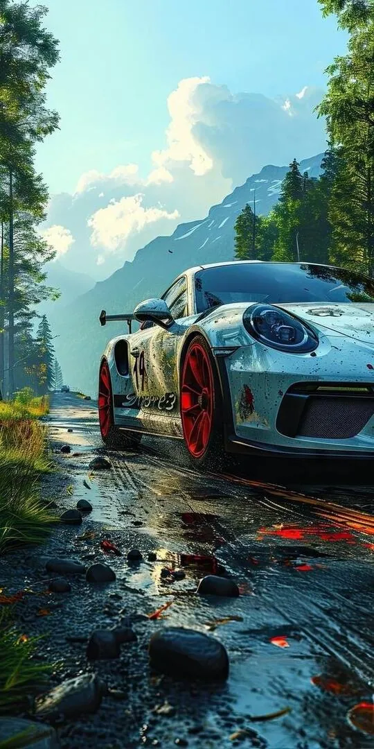 Ảnh bìa mẫu ôtô trắng xanh đứng sát bờ suối đá giữa rừng núi, mặt đường ướt phản chiếu thân xe khiến ảnh nền xe hơi chất lượng cao vừa mát vừa 4K