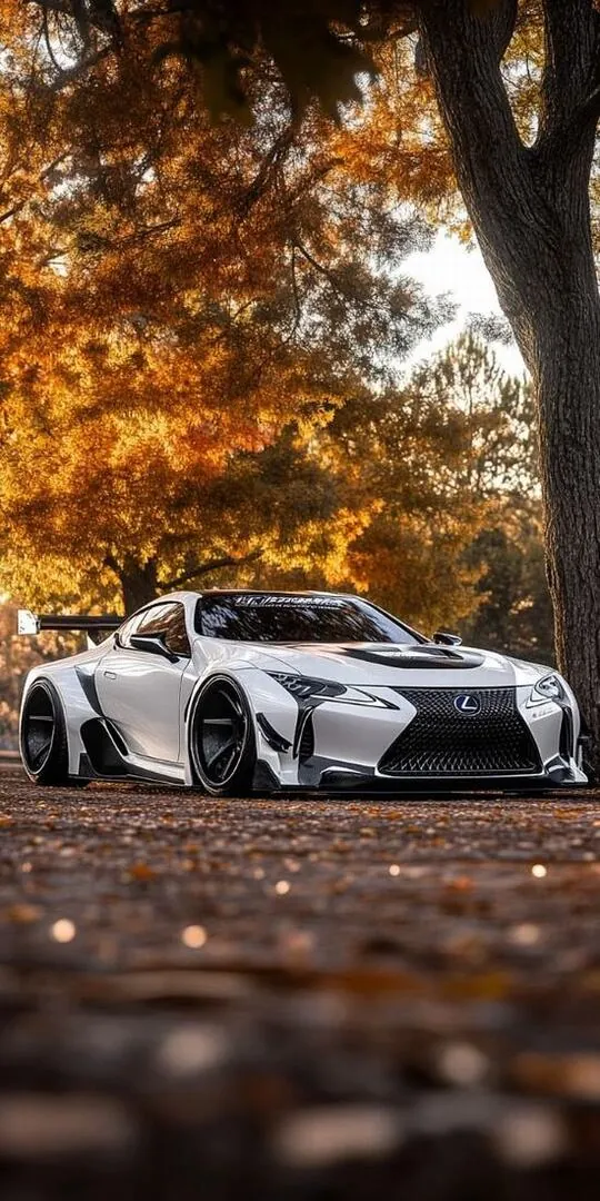Hình nền điện thoại xe thể thao trắng nằm thấp dưới hàng cây lá vàng, tiền cảnh lá khô mờ nhẹ khiến khung dọc này nhìn gần gũi như một ảnh nền oto đẹp