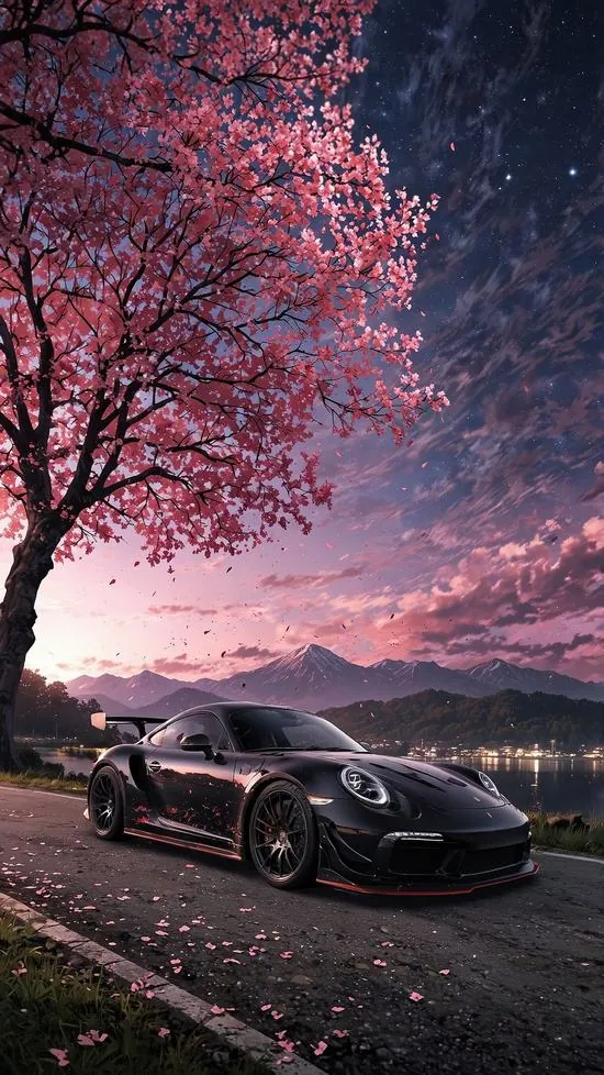 Bên gốc cây hoa hồng tím cạnh sườn đồi, chiếc ô tô đen đỗ nghiêng về phía đường chân trời, ánh chiều tím hồng làm ảnh wallpaper xe cộ 4K rất bắt mắt