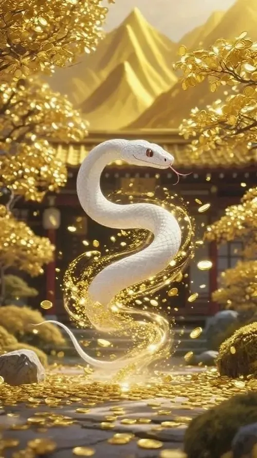 Rắn vàng nhạt trườn quanh bó quế khô và vài thỏi vàng nhỏ trên bàn gỗ nâu, không gian ấm và thật, hợp ảnh nền mang ý niệm thu hút tiền bạc theo kiểu dân gian