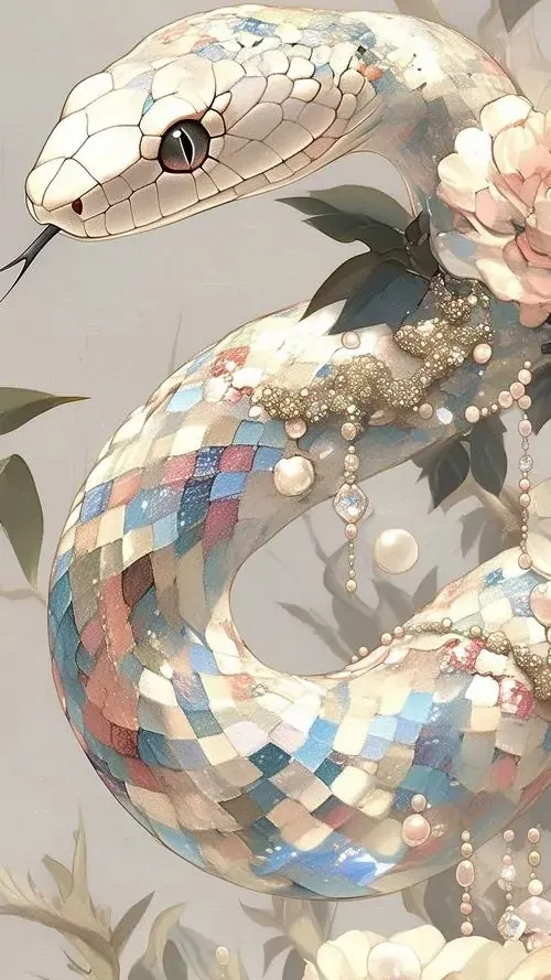 Trên nền trời tím cuối ngày, linh xà màu đồng quấn quanh cột đá cũ với vài lá bùa bay nhẹ, chất ảnh 3D làm bố cục trông lạ và rất hợp chủ đề hộ mệnh phong thủy