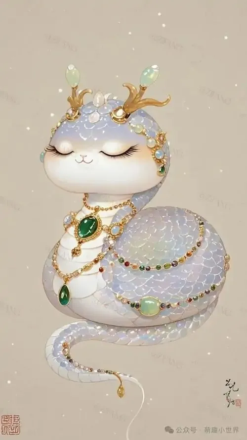 Hình nền rắn trắng cuộn tròn như món trang sức nhỏ, đầu đội cành sừng vàng và đeo ngọc xanh, nền giấy be làm tổng thể dễ thương, hợp người tuổi Tỵ thích bình an và phong thủy