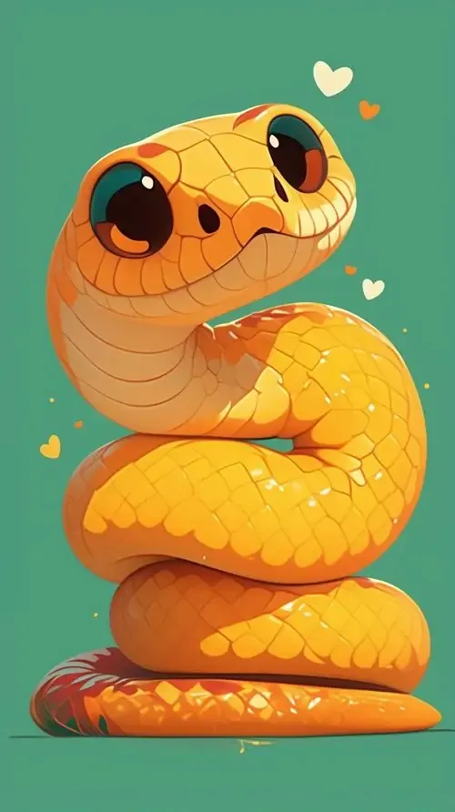 Chú rắn vàng cam mắt tròn quấn mình gọn trên nền xanh ngọc, dáng ngồi rất cute và vui mắt, hợp làm ảnh nền rắn giúp gọi may mắn cho góc nhìn mỗi ngày