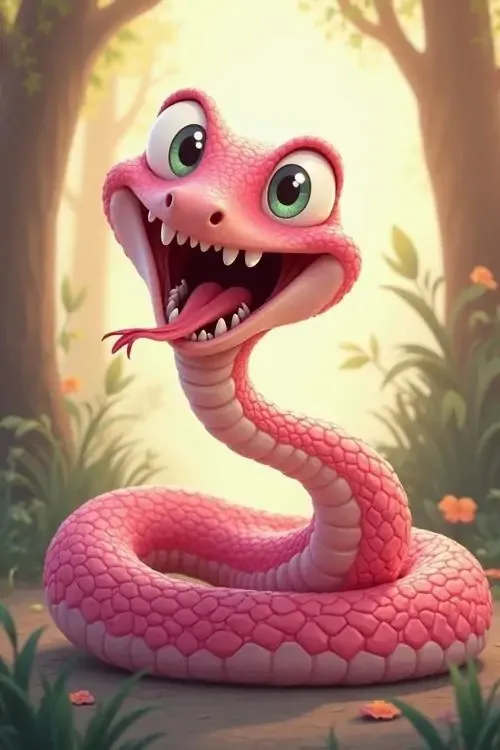 Ảnh nền rắn hồng há miệng cười lớn giữa nền rừng sáng ấm, thân cuộn thấp và mắt long lanh tạo cảm giác 3D sinh động, hợp kiểu hình nền tuổi Tỵ mang vận khí tươi mới