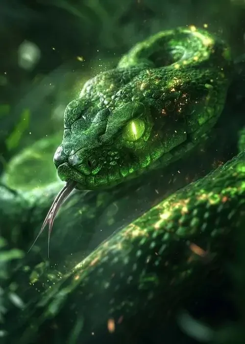 Ảnh bìa cận cảnh đầu rắn xanh đậm đang lao qua màn sương rừng, vảy phát sáng mạnh và ánh mắt khá ngầu, kiểu ảnh HD này hợp chủ đề linh xà chiêu tài lộc
