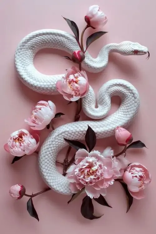 Mẫu cắt giấy hồng với rắn trắng uốn quanh cành hoa đào tạo lớp nổi 3D mềm mắt, nhìn vừa đẹp vừa ấm, hợp làm hình nền điện thoại cầu bình an và thịnh vượng