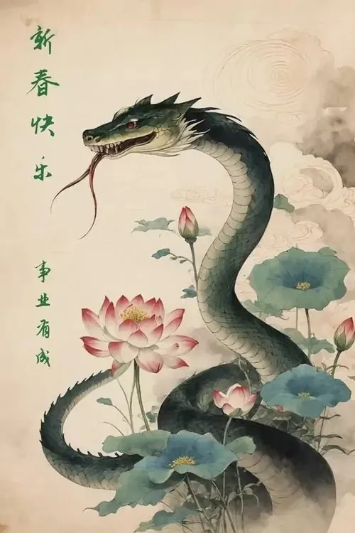 Hình nền điện thoại tranh thủy mặc vẽ rắn đen xanh vươn mình bên hoa sen, nét bút cổ điển và khoảng giấy trống đem lại cảm giác tĩnh, hợp người chuộng ảnh nền tuổi Tỵ thiên tâm linh
