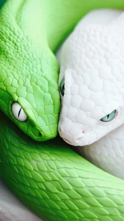 Hai con rắn xanh lá và trắng áp đầu vào nhau trong khung chụp rất gần, bề mặt vảy rõ nét khiến ảnh nền rắn thêm cuốn mắt, gợi cảm giác hòa hợp và tụ tài