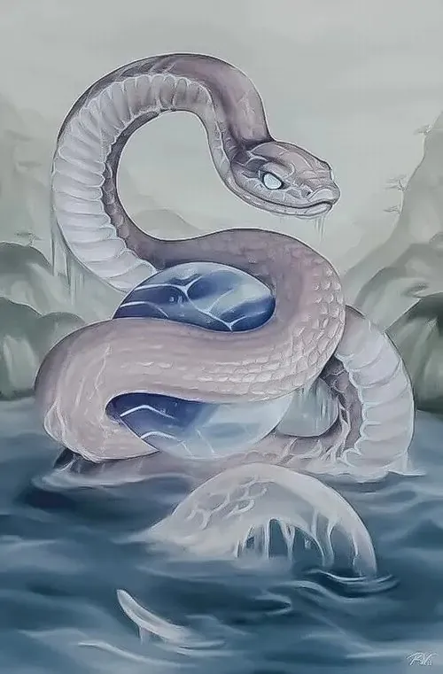 Ảnh wallpaper rắn xanh lam nhạt cuộn mình trên mặt nước gợn sóng, thân mảnh và đầu ngẩng cao như đang canh giữ, hợp không khí phong thủy nhẹ nhàng cho người tuổi Tỵ