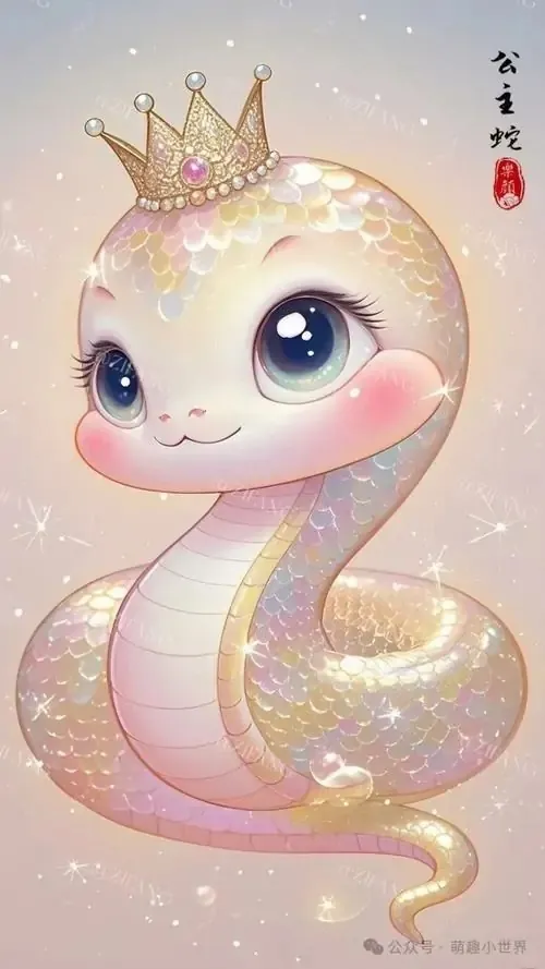 Rắn nhỏ màu ngọc trai đội vương miện vàng, mắt to sáng và thân phát ánh hồng pastel, kiểu minh họa Ultra HD này đem lại cảm giác may mắn, hợp làm wallpaper rắn tuổi Tỵ nữ tính