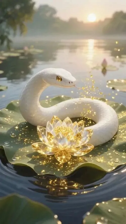 Ảnh nền đt Iphone rắn trắng nằm giữa hồ sen và ánh nắng sớm, xung quanh có lá xanh cùng hoa vàng óng, tổng thể dịu mắt và rất hợp chủ đề tài lộc, bình an trong nhà