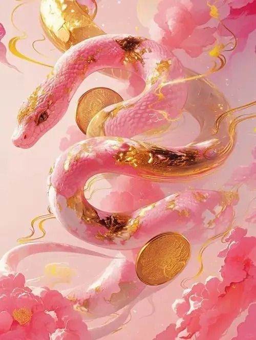Thân rắn hồng pha vàng lượn dài qua nền mây hoa và đồng xu, bố cục mềm như tranh trang trí đầu năm, hợp làm ảnh nền linh xà để nhắc chuyện chiêu tài và thu hút tiền bạc