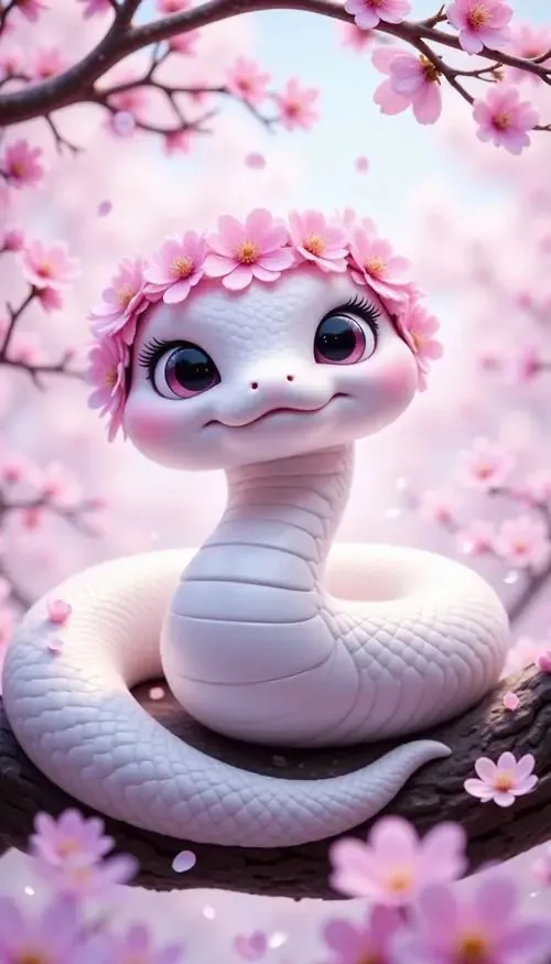 Wallpaper tuổi Tỵ chú rắn nhỏ màu tím hồng ngồi giữa cành hoa đào nở rộ, gương mặt tròn xinh và đôi mắt ướt làm khung hình rất dễ thương, hợp người thích vận khí ngọt ngào