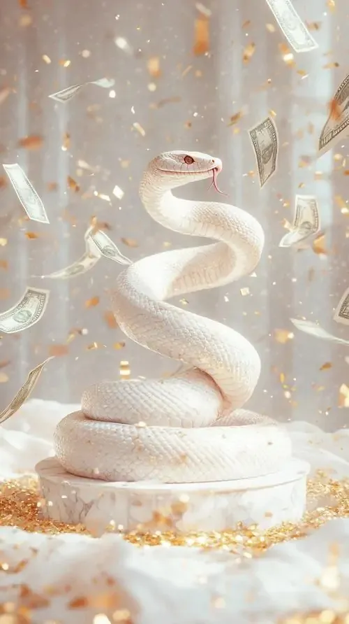 Rắn trắng cuộn xoắn như dải lụa giữa nền sáng phủ bụi vàng li ti, góc chụp chính diện khiến ảnh 4K trông sạch và sang, hợp làm hình nền phong thủy cầu thịnh vượng