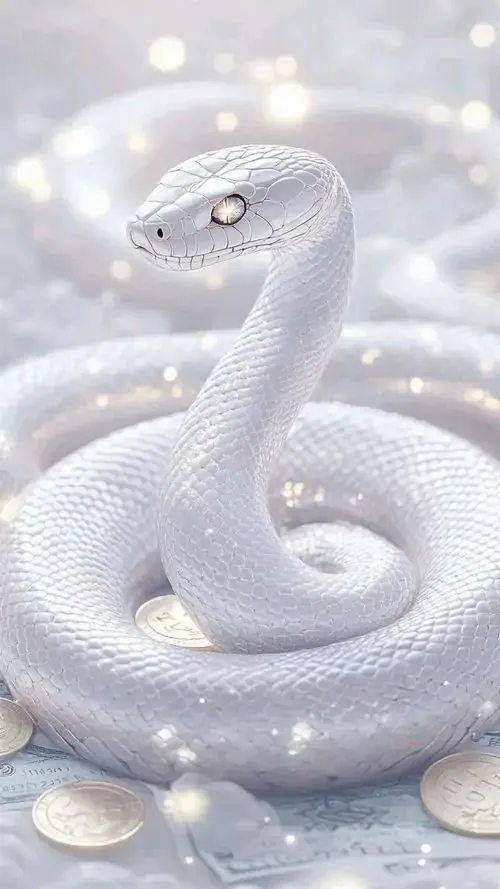 Hình nền phong thủy rắn trắng ngẩng đầu giữa nền băng tuyết mờ, thân cuộn tròn bên vài viên ngọc sáng tạo cảm giác yên tĩnh, hợp ảnh nền tuổi Tỵ thiên về bình an và hộ mệnh