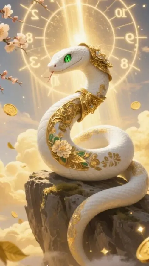 Rắn vàng ngẩng cao trên mỏm đá, sau lưng là vòng sáng và họa tiết hoàng đạo, khung hình đẹp theo kiểu linh vật giữ lộc, hợp người tuổi Tỵ muốn tăng may mắn