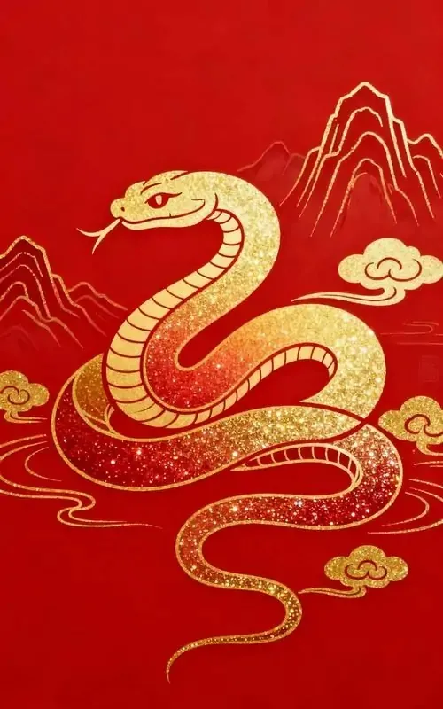 Nền đỏ nổi bật một con rắn vàng vẽ nét đơn giản đang trườn ngang giữa mây và núi cách điệu, kiểu ảnh HD gọn mắt này hợp dùng khi cần cảm giác may mắn đầu năm