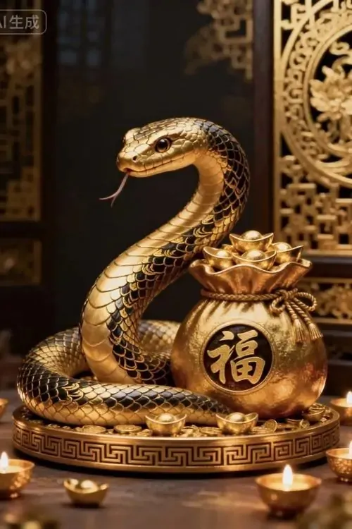 Hình nền rắn vàng dựng cao bên túi tiền và chữ phúc trong không gian tối sang trọng, ánh kim nổi mạnh giúp tổng thể ngầu hơn, hợp chủ đề chiêu tài lộc và tụ tài