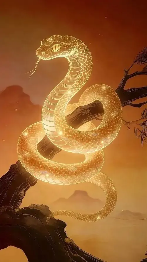 Con rắn phát sáng màu vàng cuộn mình trên mỏm đá giữa nền trời nâu đỏ, không khí như buổi hoàng hôn khiến wallpaper rắn tuổi Tỵ có cảm giác ấm và thịnh vượng