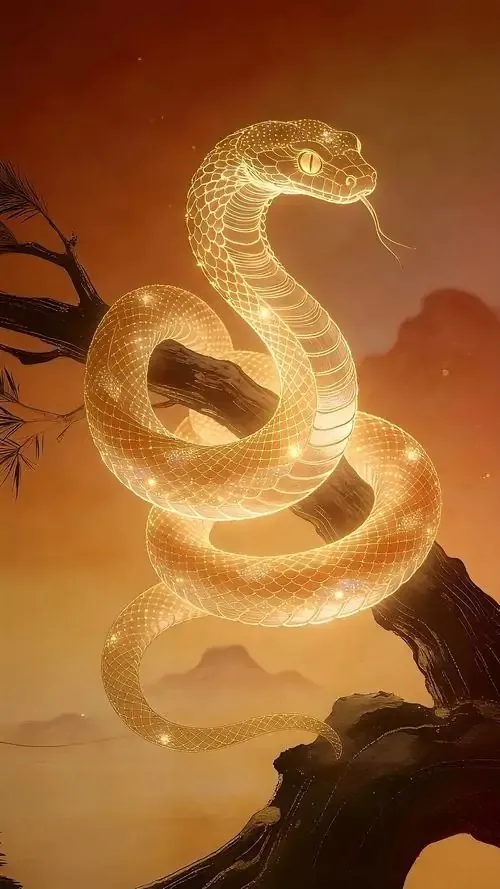 Rắn vàng phát quang cuộn tròn trên sa mạc đá, phía sau là bầu trời cam rực và bóng núi xa, ảnh 4K này hợp người thích hình nền tuổi Tỵ mạnh về vận khí bứt lên