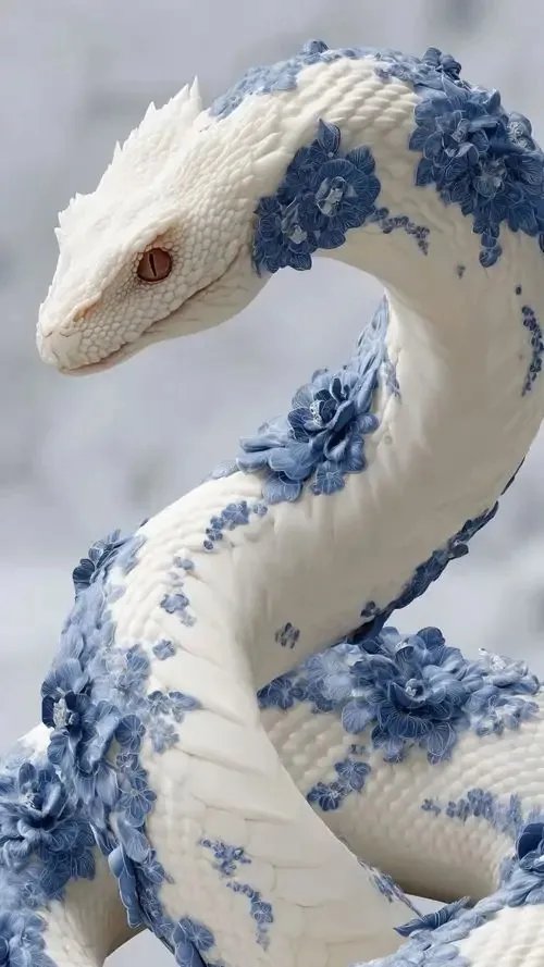 Ảnh bìa rắn trắng điểm hoa văn xanh uốn thân sát khung hình, phần đầu nghiêng xuống và chất men gốm làm tổng thể rất đẹp, hợp người chuộng ảnh nền rắn mang hơi hướng tài lộc