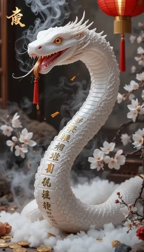 Hình nền điện thoại rắn trắng đầu ngẩng cao, miệng hé nhẹ giữa cành hoa và đèn lồng mờ, dáng rắn khỏe và dứt khoát khiến ảnh nền linh xà mang cảm giác hộ mệnh rõ hơn