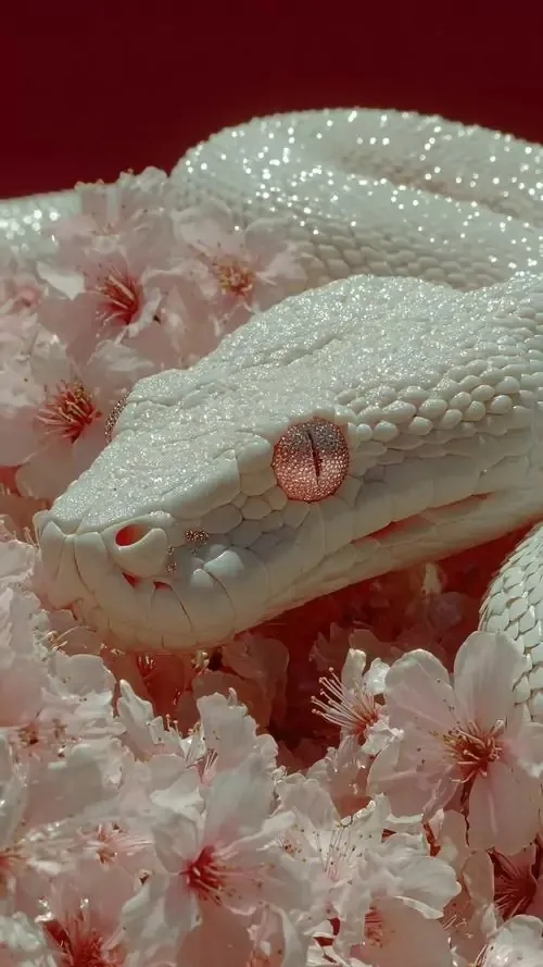 Cận cảnh đầu rắn trắng nằm trên lớp cánh hoa hồng phấn, mắt ánh hồng và vảy nổi sắc nét làm khung ảnh Ultra HD trông rất sang, hợp chủ đề may mắn và chiêu tài