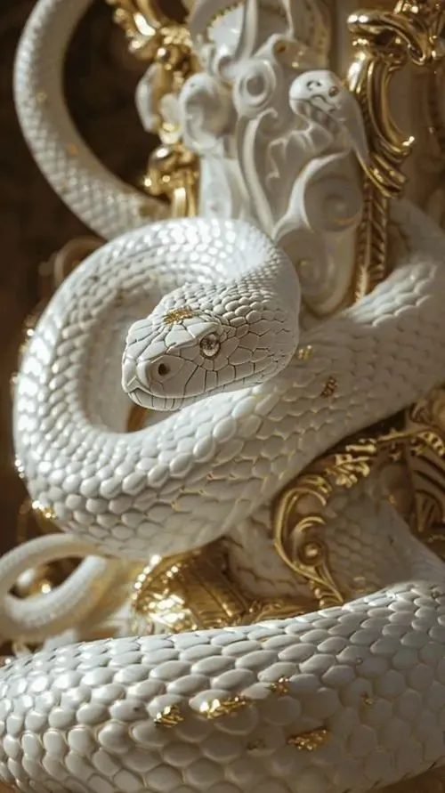 Ảnh wallpaper rắn trắng cuộn mình bên đồ trang trí dát vàng, nền tối làm thân rắn sáng bật lên, kiểu bố cục này hợp người tuổi Tỵ thích phong thủy tụ tài mà không quá rực