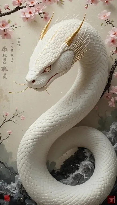 Con rắn trắng thân dày cuộn thành vòng lớn trước nền hoa đào nhạt, đầu quay nghiêng nhìn xuống tạo vẻ điềm tĩnh, rất hợp làm ảnh nền rắn cho góc màn hình cần sự bình an