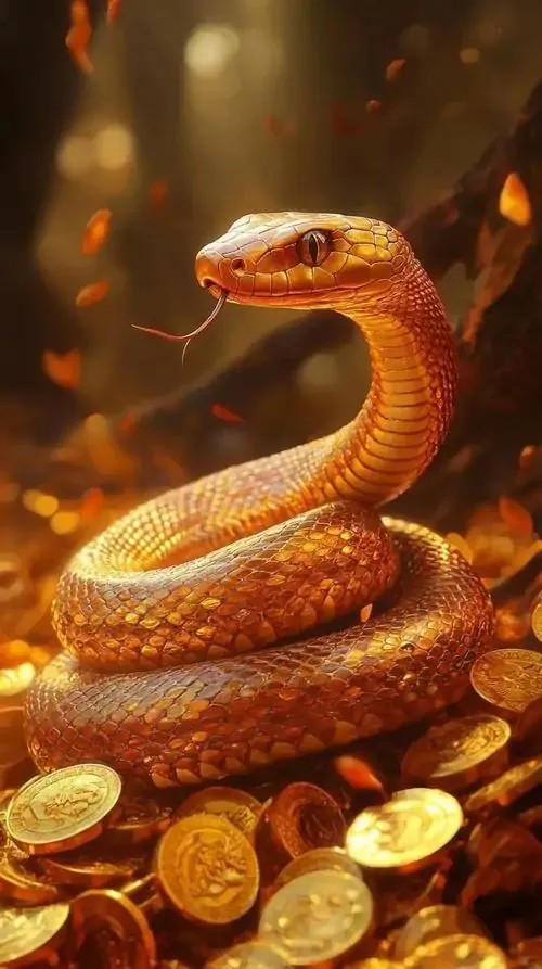 Rắn trắng xếp thân thành hình xoắn ốc trên nền cát mịn có rắc bột vàng, bố cục sạch và đều tay, hợp làm ảnh nền điện thoại cho người cần cảm giác gọn, sáng và hút lộc