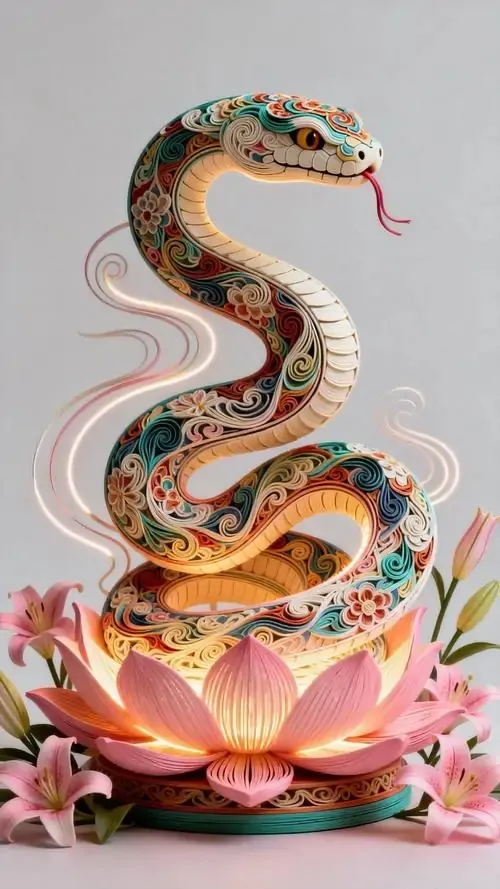 Khung cảnh chợ xuân với mô hình linh xà kết bằng dây kết đỏ và đồng tiền cổ treo cao, màu sắc rộn ràng nhưng không gắt, hợp ảnh nền phong thủy dành cho mùa đầu năm