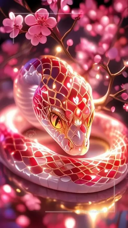 Rắn bạc thân dài nổi trên mặt hồ đen như gương, phía xa là chuông gió và cụm đèn lồng nhỏ, kiểu ảnh HD này đem lại cảm giác tĩnh mà vẫn có nhịp tài lộc khẽ mở