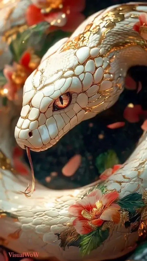 Một con rắn đỏ sẫm lượn quanh quả hồ lô treo trước hiên gỗ, bối cảnh buổi sớm có nắng mỏng khiến hình nền gợi chuyện giữ của và gọi may mắn vào nhà