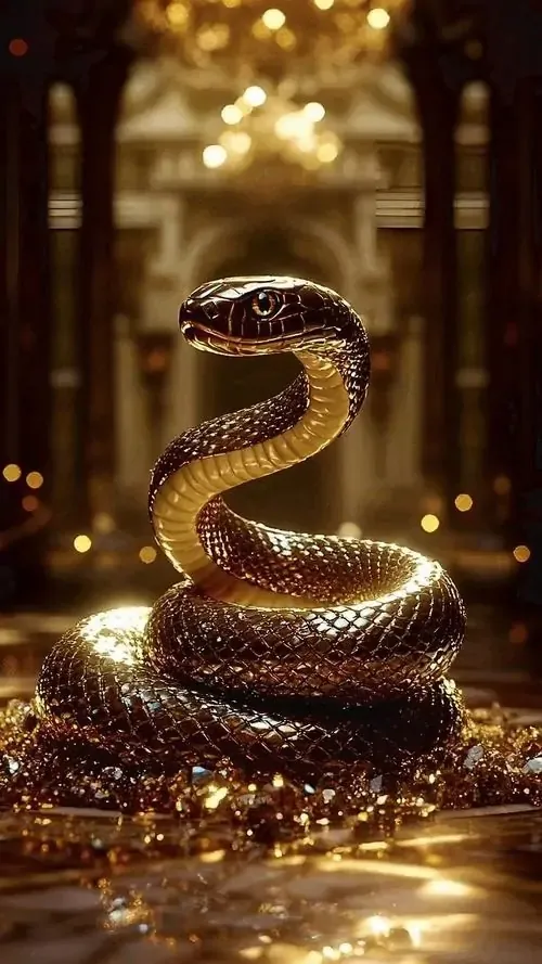 Trên mảng kính màu của ngôi đền cổ, hình xà quấn quanh mặt trời được ghép từ những mảnh đỏ cam, hiệu ứng 4K làm khung hình rực vừa đủ để gợi thịnh vượng