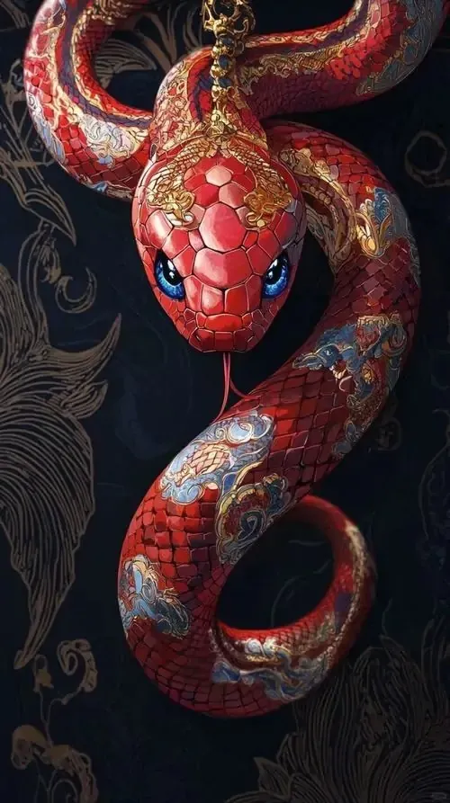 Trong căn phòng treo rèm lụa đỏ, rắn ngọc trai men theo cạnh gương tròn, phản chiếu đôi mắt sáng rất rõ, bức hình mang nét đẹp sang và hợp chủ đề chiêu tài lộc