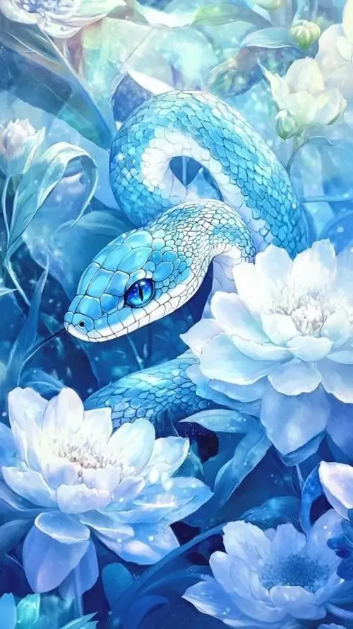 Ở lối đi lát sỏi của sân vườn, rắn trắng bò qua hàng đèn đá mini đang sáng, nhịp cảnh thong thả và hiền, hợp wallpaper tuổi Tỵ cho người thích bình an lâu bền