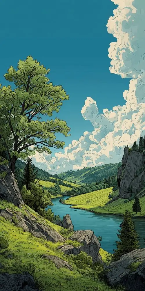 Hình nền phong cảnh mặt hồ phẳng soi chân núi tuyết và rặng thông, lớp mây xám phủ nhẹ khiến toàn ảnh mang sắc lạnh rõ ràng, hợp màn hình OLED đẹp mắt