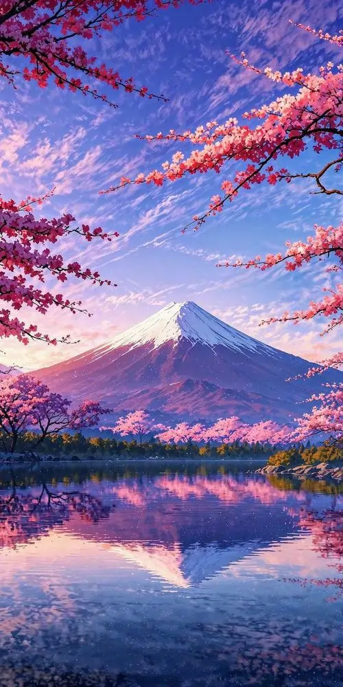 Dòng sông xanh phản chiếu mây trời chạy qua bãi hoa ven bờ, lớp cỏ non và núi xa làm khung cảnh sáng bừng như buổi trưa đầu hạ rất đẹp