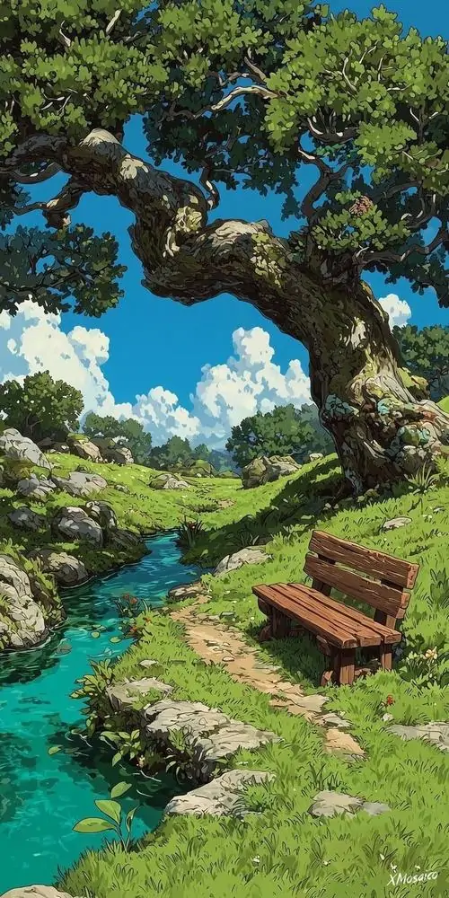 Hình nền cây cổ thụ tán rộng đứng bên dòng nước xanh trong, chiếc ghế gỗ đặt dưới nắng sớm làm khung dọc này lên rất đẹp cho màn hình điện thoại 4K