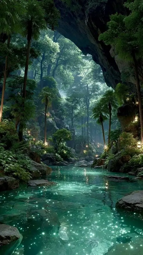 Hồ nước xanh nằm trong hang đá phủ rêu, ánh sáng hắt từ cửa vòm làm mặt nước lung linh và khiến khung ảnh nền phong cảnh siêu nét này trông rất lạ mắt