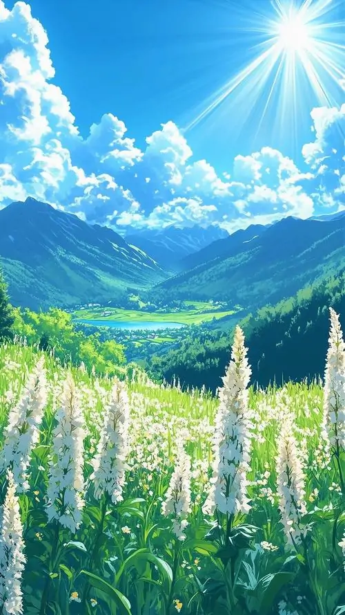 Ảnh nền đt iPhone nắng chiếu xuống cánh đồng hoa trắng trước dãy núi xanh, bầu trời cao và thoáng làm bức hình nền thiên nhiên 4K cho điện thoại thêm phần tươi